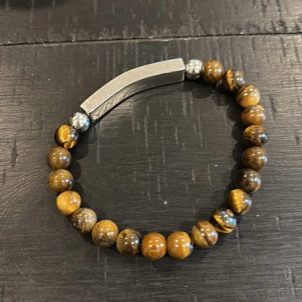 Steeltime Tigers Eye Beaded Stretch Stainless Steel Bracelet​ Gift Protection
